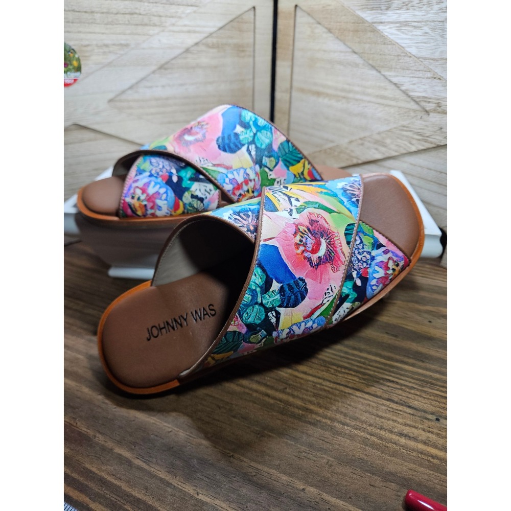Johnny Was Layla X Band Leather Slide Sandals Tropic Floral Multi Color 6M #547